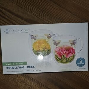 Teabloom Double Wall Glass Mugs - Yellow & Pink Floral